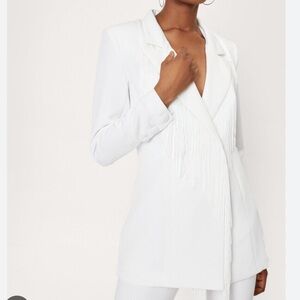 White Fringe Blazer Set